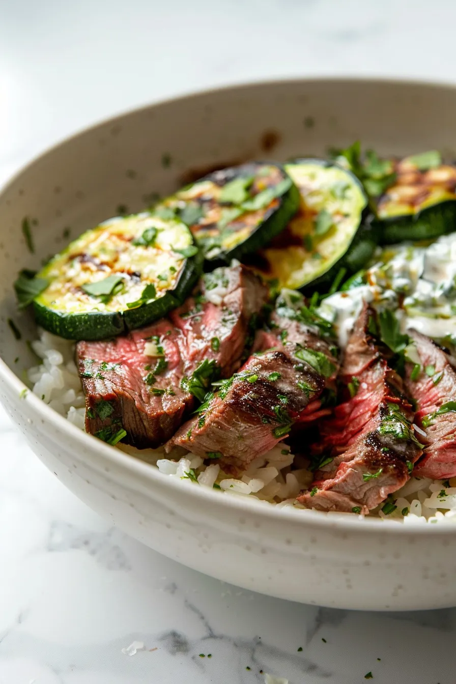 Grilled Steak Bowl with Sauce & Grilled Zucchini Bliss