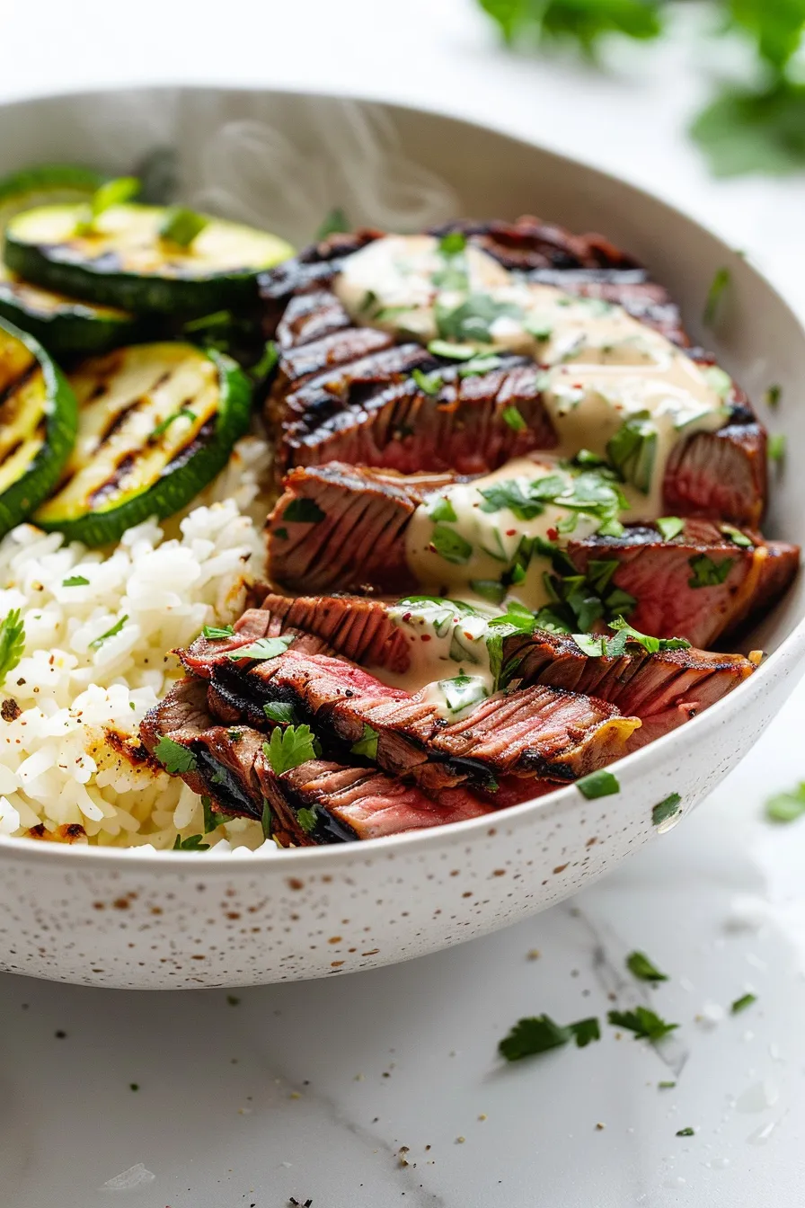Grilled Steak Bowl with Sauce & Grilled Zucchini Bliss