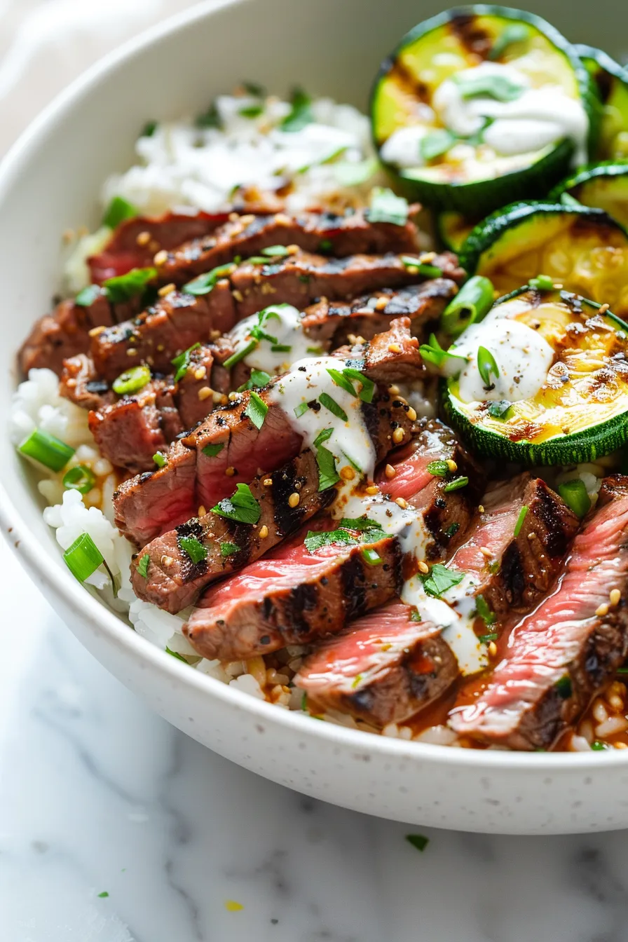 Grilled Steak Bowl with Sauce & Grilled Zucchini Bliss