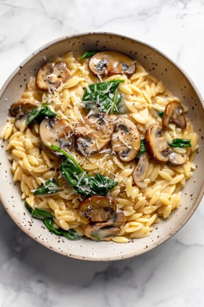 Mushroom Spinach Orzo with Parmesan