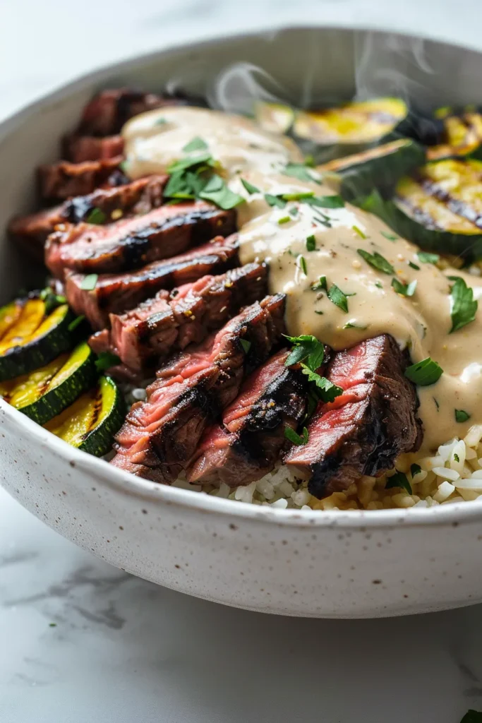 Grilled Steak Bowl with Sauce & Grilled Zucchini Bliss