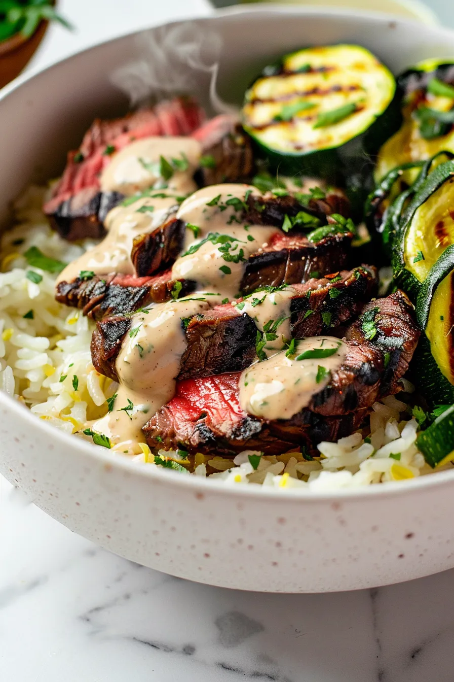 Grilled Steak Bowl with Zucchini & Herb Sauce1
